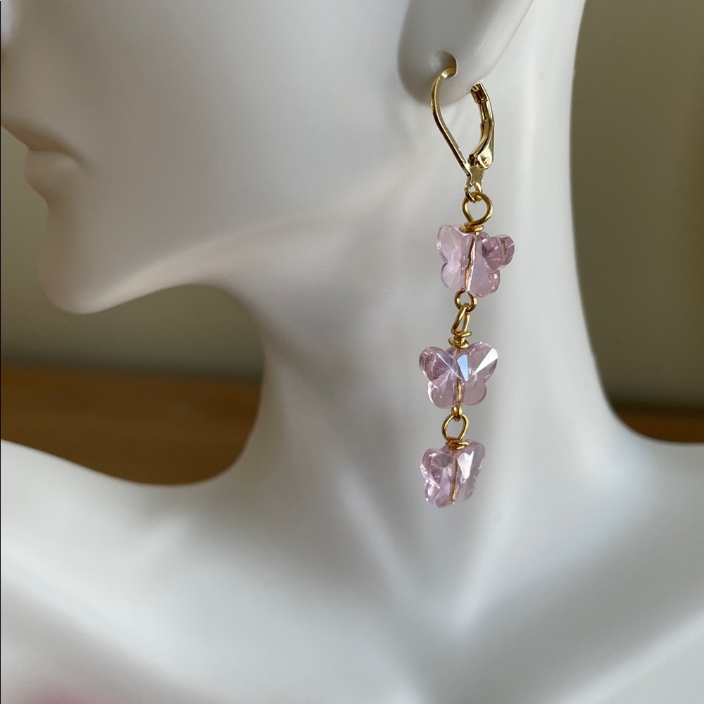 HAND CRAFTED PINK CRYSTAL BUTTERFLY EARRINGS - Picture 3 of 12